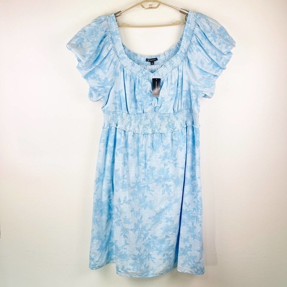 INC International Concepts Women's 4X Blue Puff Sleeves Floral Smocked Dress - Picture 4 of 12